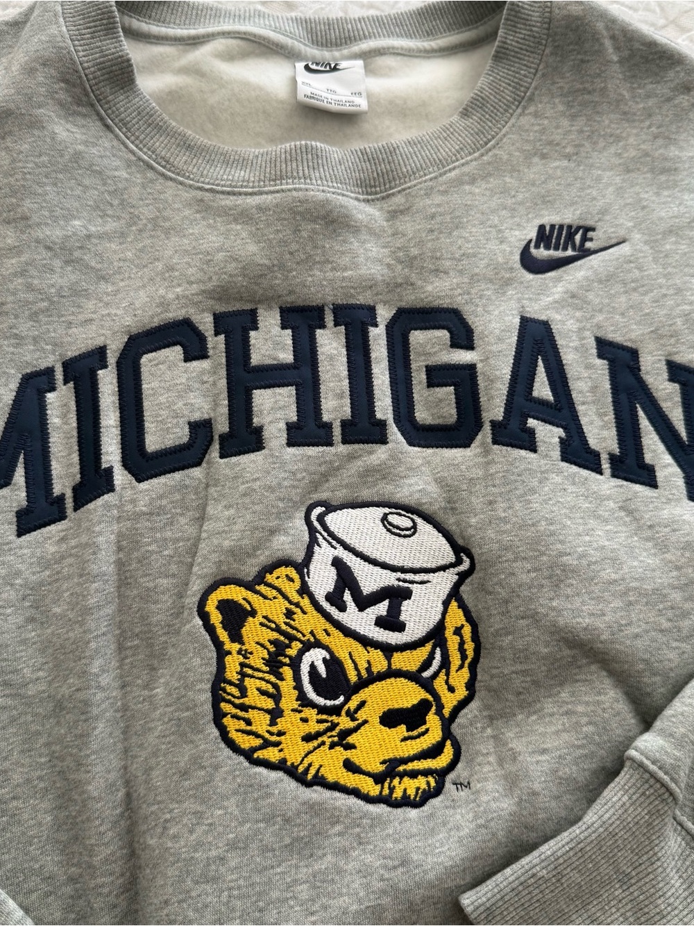 Nike Gray Crewneck Sweatshirt with Navy Michigan Applique and Maize Bear